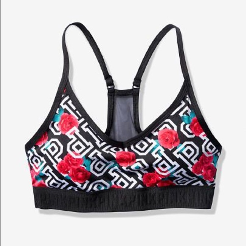 NWT Victoria’s Secret Pink: Ex Small & Small Black & Red Floral Logo Workout Bra - Picture 2 of 4